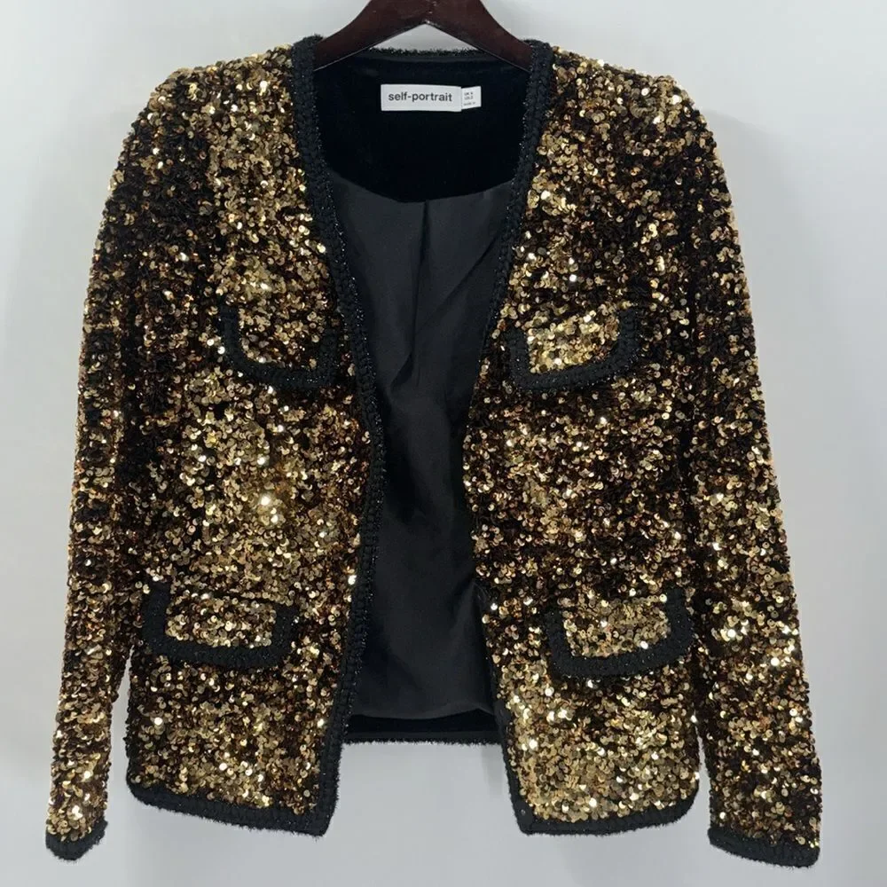 Self-Portrait Gold Sequined Jacket Blazer Size 2